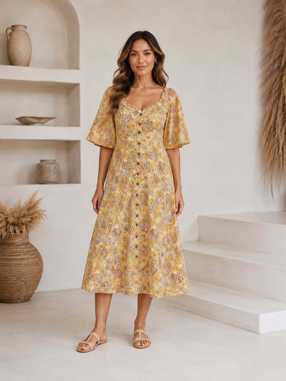 Indigo Rose Yellow Paisley Button-Front Boho Dress Size Large
